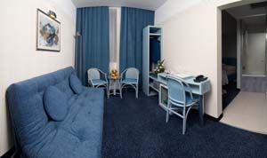 Suite ejecutivo para 2 personas y un niño con vista al ciudad, cama grande, ba�o privado (ba�era y ducha), y desayuno